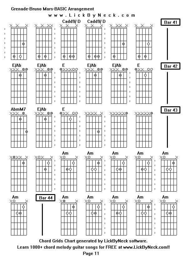 Chord Grids Chart of chord melody fingerstyle guitar song-Grenade-Bruno Mars-BASIC Arrangement,generated by LickByNeck software.